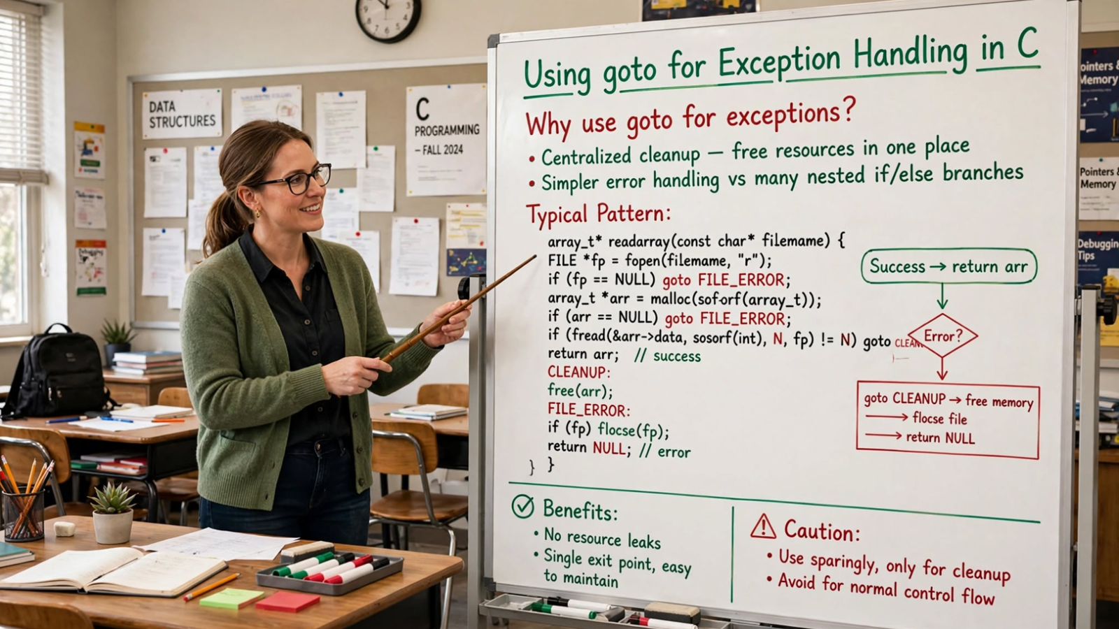 Learn to use goto for exception handling in C: resource cleanup, error paths, and nested loop breaks. Master centralized error handling patterns