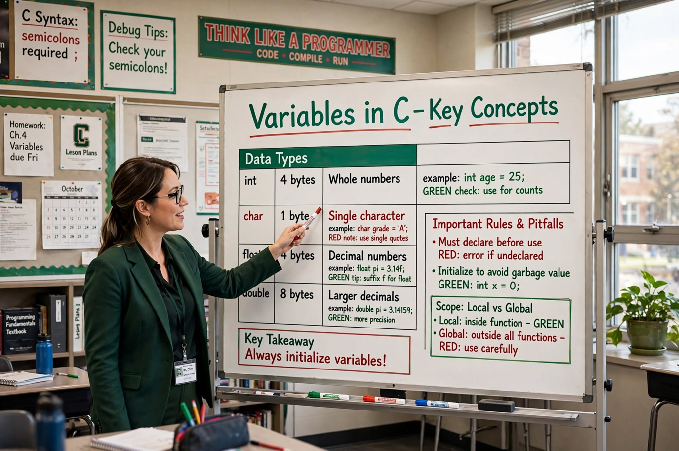 Learn C variables: declaration, initialization, access, scope, storage classes, and memory allocation. Avoid common pitfalls with best practices and examples.