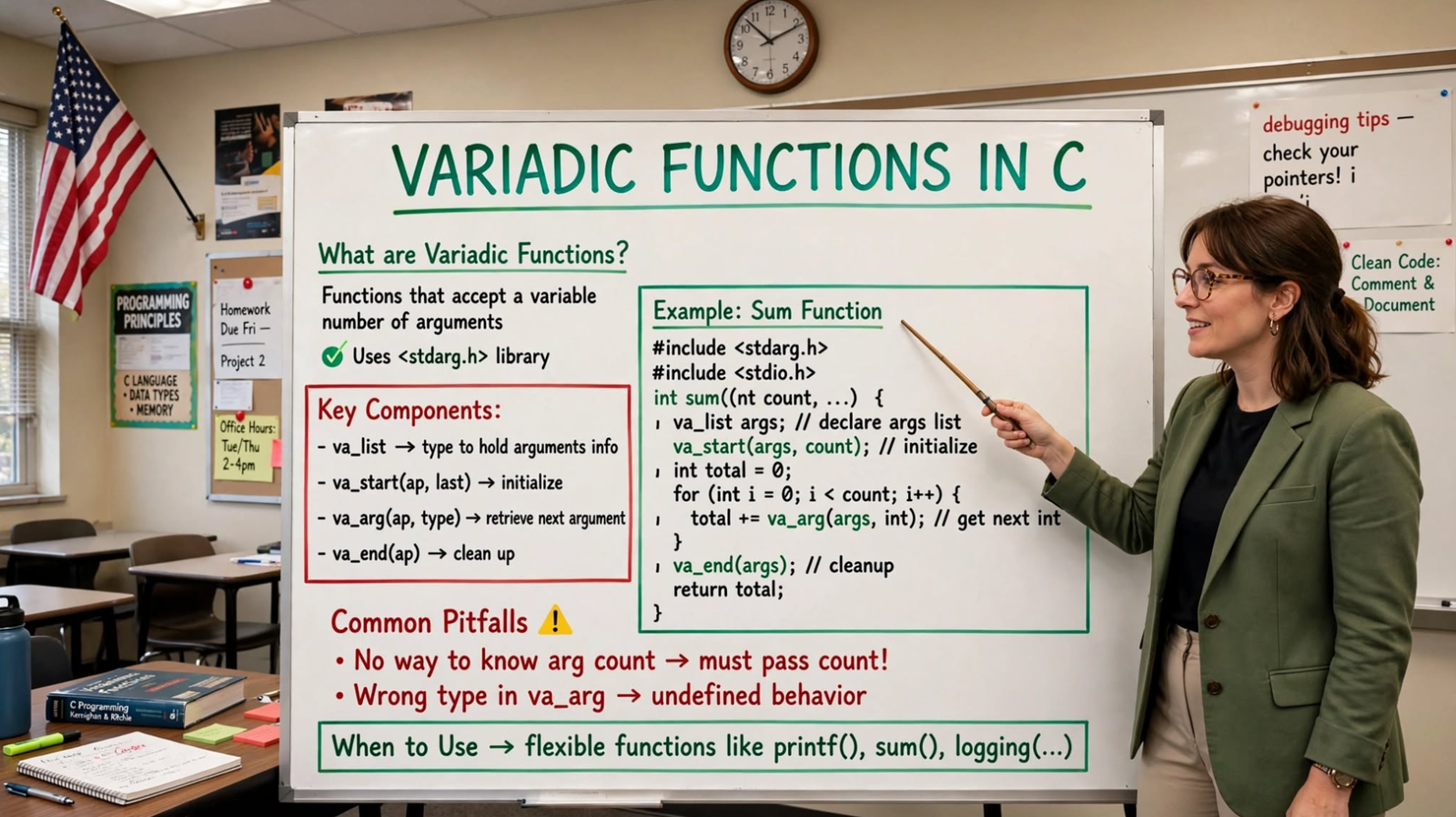 Learn C variadic functions: va_list, va_start, va_arg, va_end, and va_copy. Master variable arguments with practical examples.